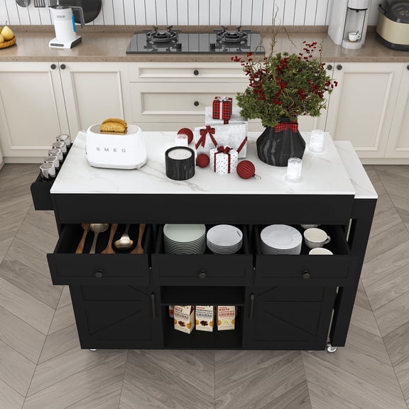 Kitchen Island with Extendable Table, Rolling Kitchen Island Cart with Power Outlet & Storage, Mobile Prep Station with 3 Drawers & 2 Cabinets, Black