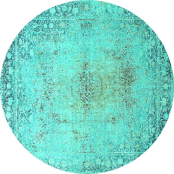 Ahgly Company Machine Washable Indoor Round Oriental Turquoise Blue Industrial Area Rugs, 5' Round