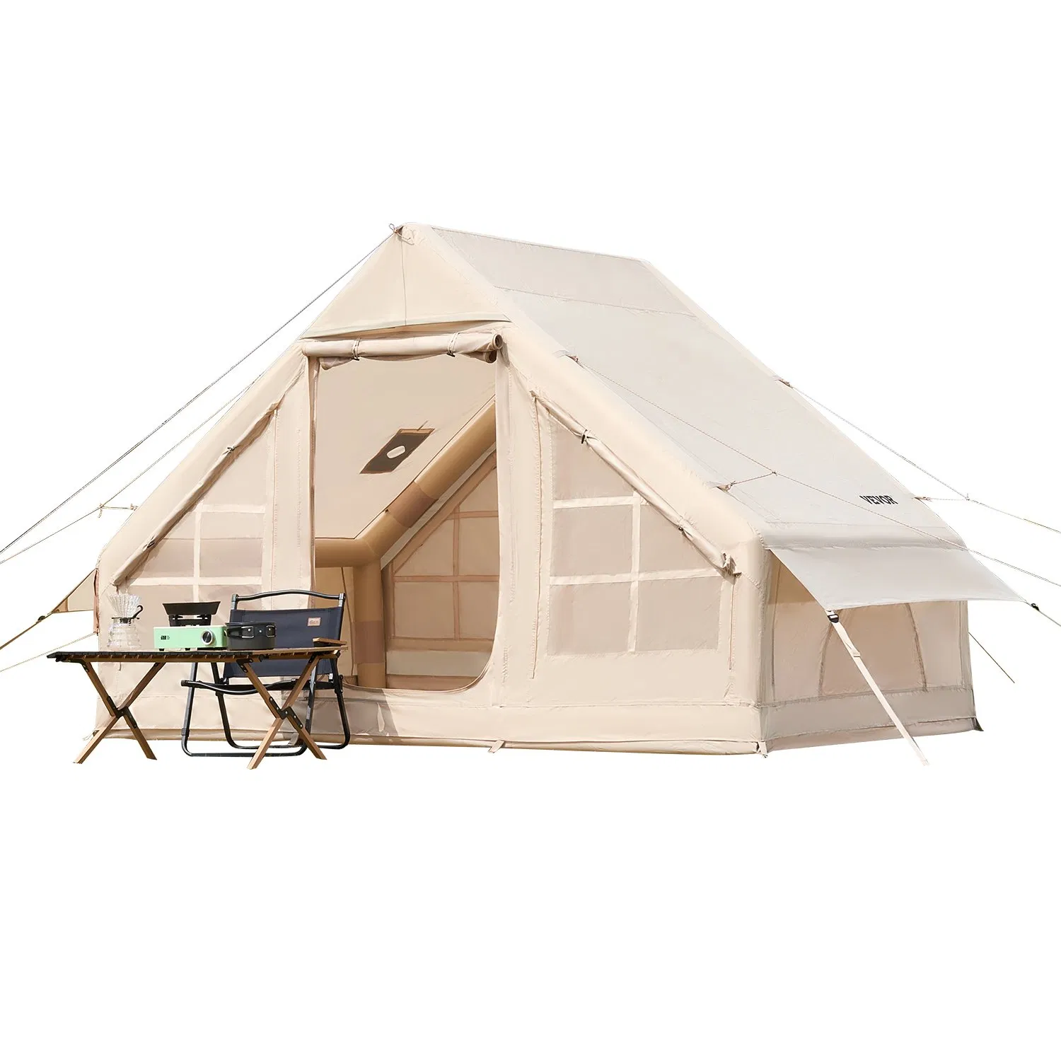 Inflatable camping tent, with manual pump, 300D Oxford fabric, with stove socket, 2 doors and 2 mesh windows, equipped with storage bag, easy to carry, suitable for outdoor camping