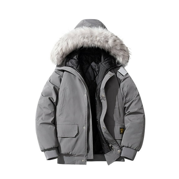 Mens Hooded Jackets Multi Pockets Full Zip Button Down Faux-Fur Collar Long Sleeve Casual Warm Winter Cotton Coat (XL, Gray)