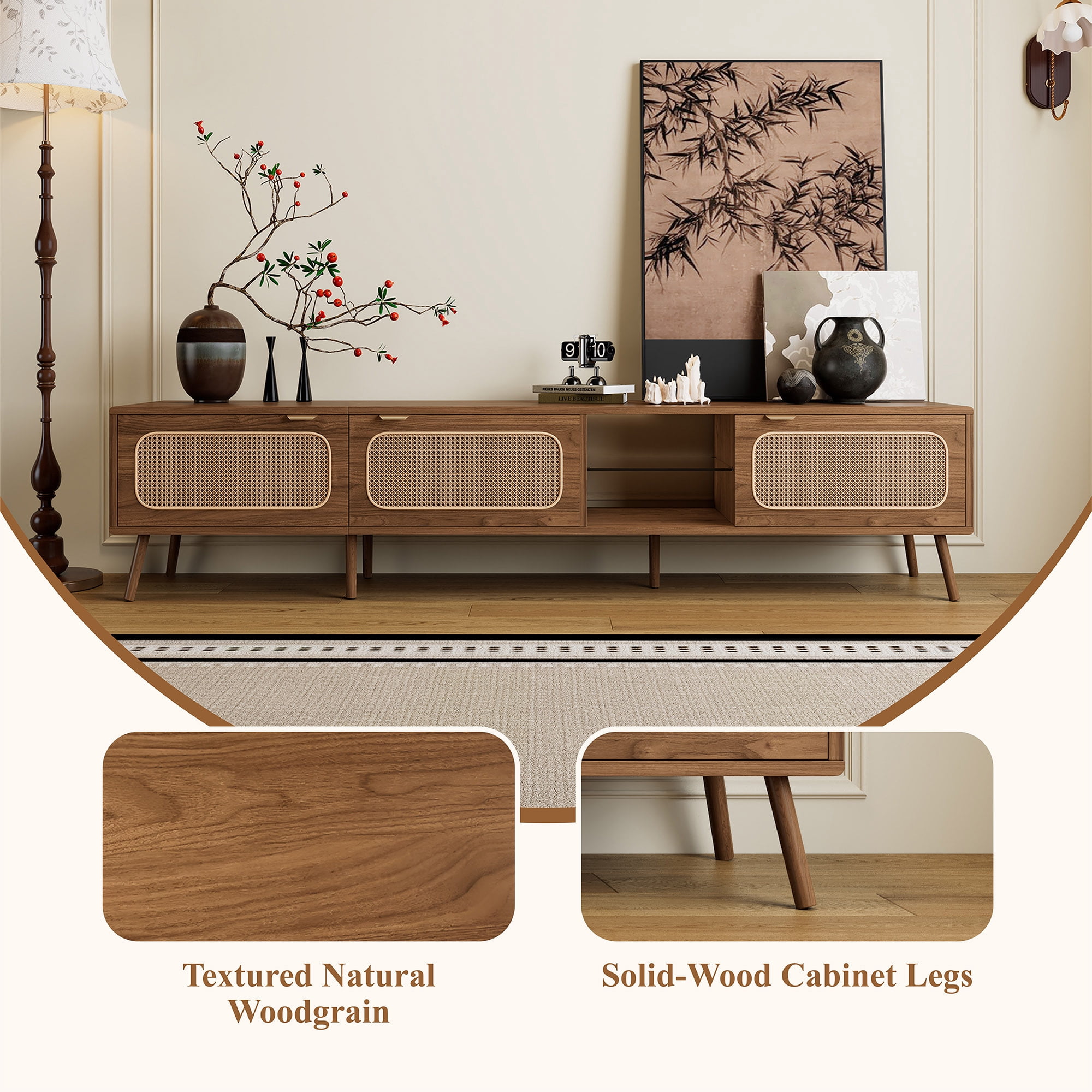 TV Stand for TVs up to 85 Inch, Entertainment Center with Rattan Doors & Glass Open Shelves, Media Console for Living Room