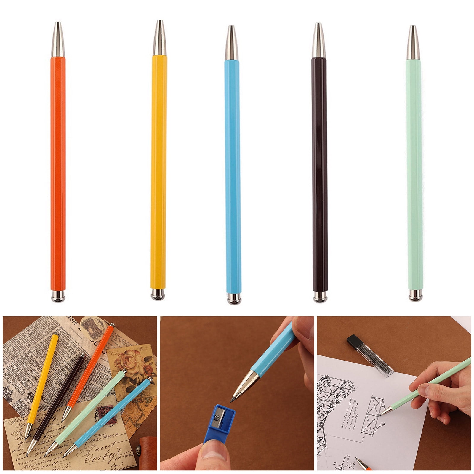 Metal Everlasting Pen with Sharpener & Refills, Ergonomic Handle Metal Mechanical Pencil Student Drawing Pen Sketch Pen