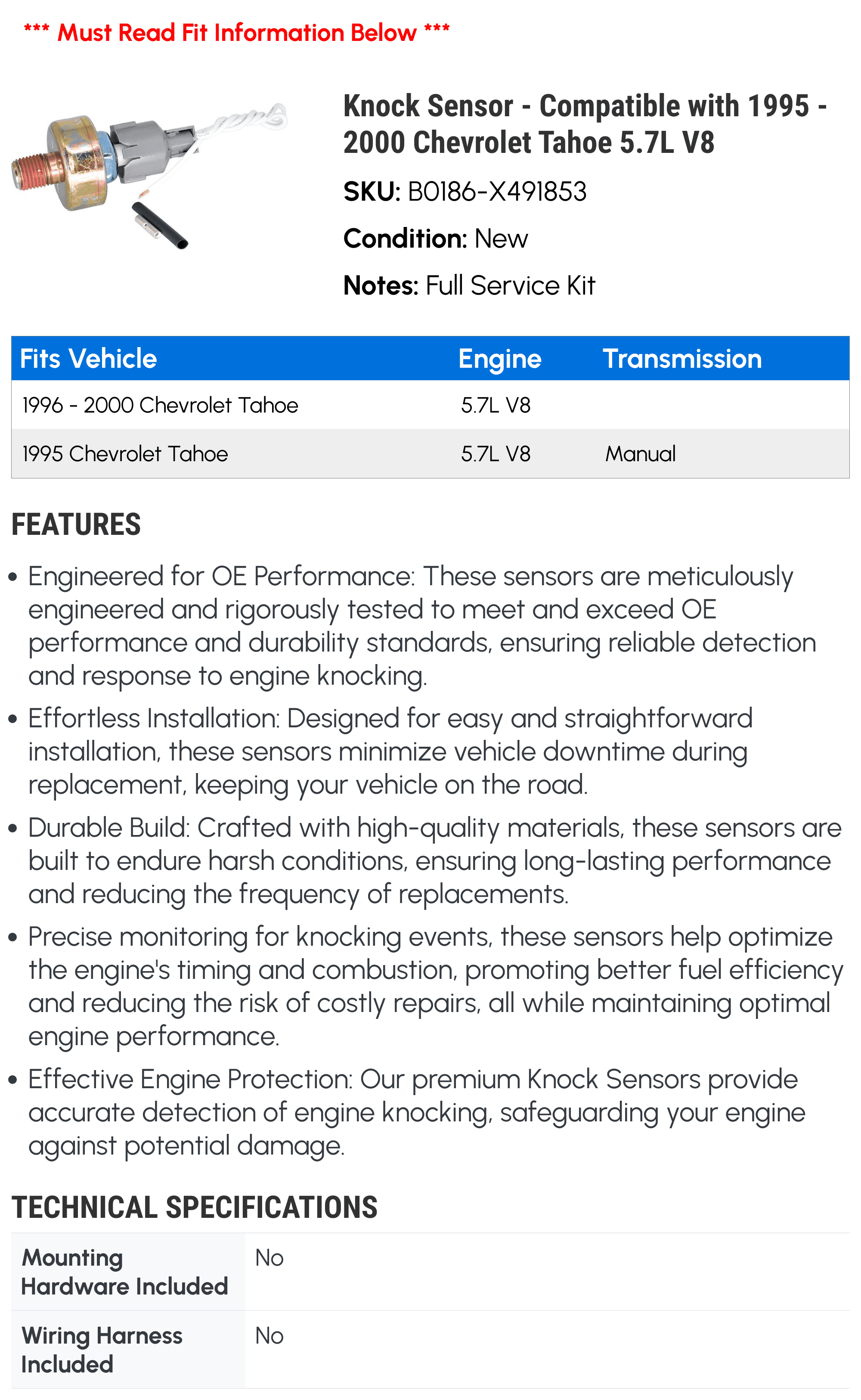 Knock Sensor - Compatible with 1995 - 2000 Chevy Tahoe 5.7L V8 1996 1997 1998 1999