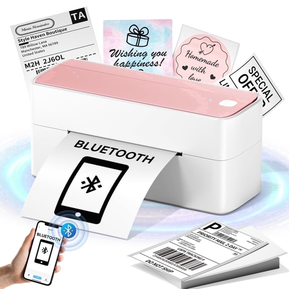 Wuduguer Shipping Label Printer - 241BT 4X6 Wireless Thermal Label Printer, Bluetooth Thermal Label Printers for Small Business, Compatible with iPhone, Android, Amazon, Shopify, UPS（Pink）
