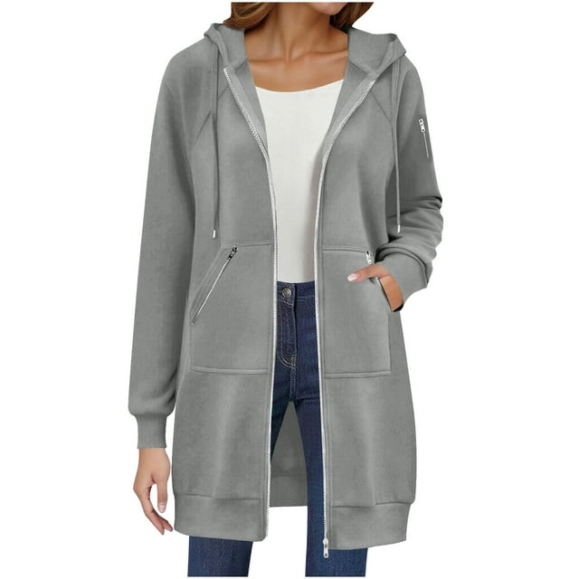 Yanlir Veste à Capuche à Manches Longues pour Femmes Doublée en Polaire Confortable Fermeture Éclair devant Vêtement d'Extérieur Décontracté Hiver Chaud Chandail Doux Tissu Poches Mode Urbaine (Gris, m)