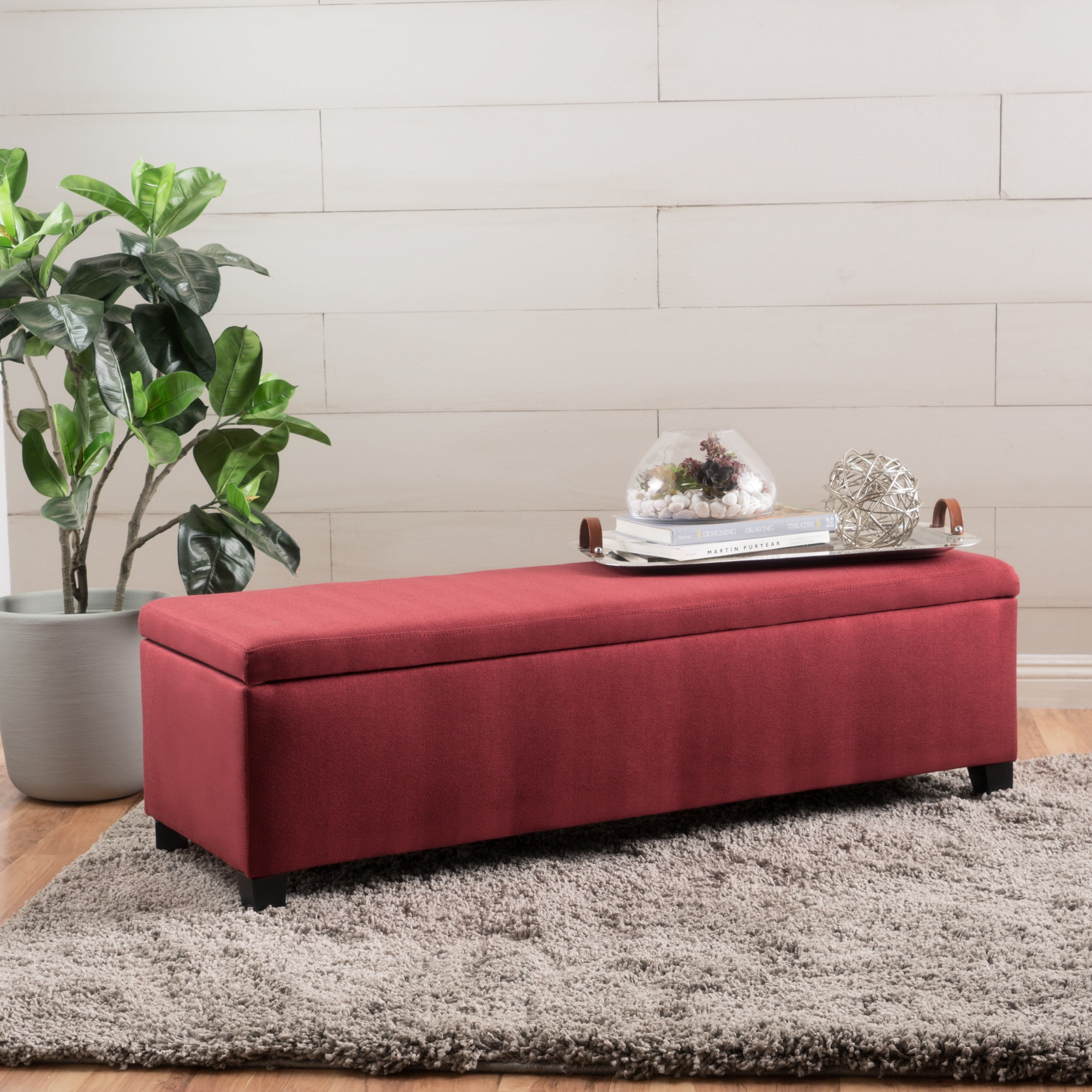 Meredith Noble House Chic Modern Fabric Storage Ottoman Bench, Deep Red