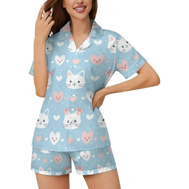 SKQIT Ensembles de Pyjama à Manches Courtes pour Femmes, 2 Pcs Imprimé Mignon Chemise Boutonnée en Satin Doux et Shorts
