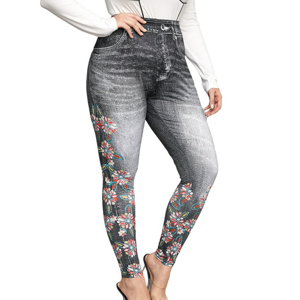 MAWCLOS Ladies Fake Jeans High Waist Faux Denim Pant Floral Print