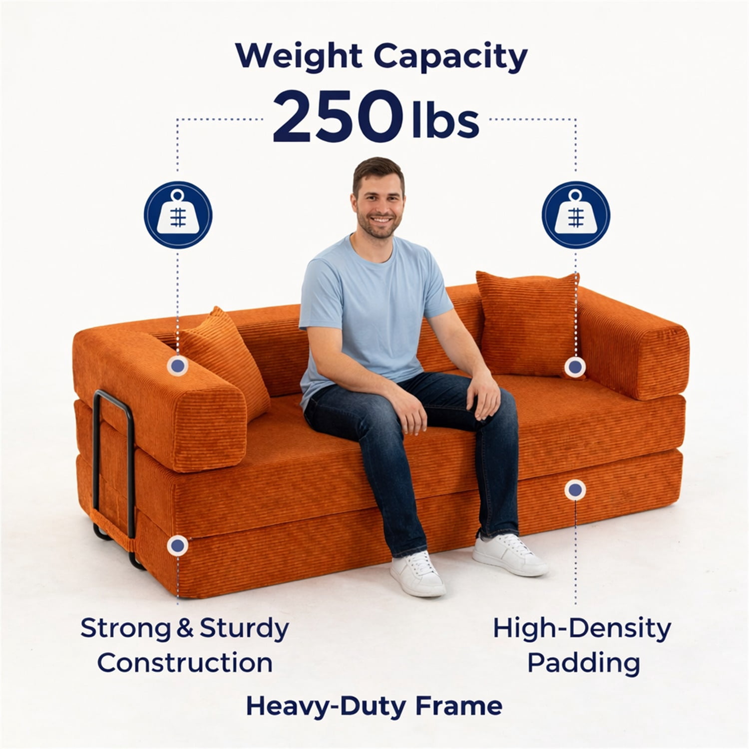 Hommoo Versatile Corduroy Fabric Full Foam Modular Compressed Sofa Couch Bed Sleeper with Multiple Layout Options, Orange