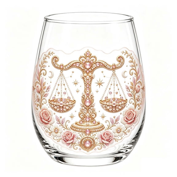 SLYNSHome Stemless Wine Glass With Vintage Embroidery Style, Astrology Horoscope Printed Wine Cup, Zodiac Sign Drinkware Gift