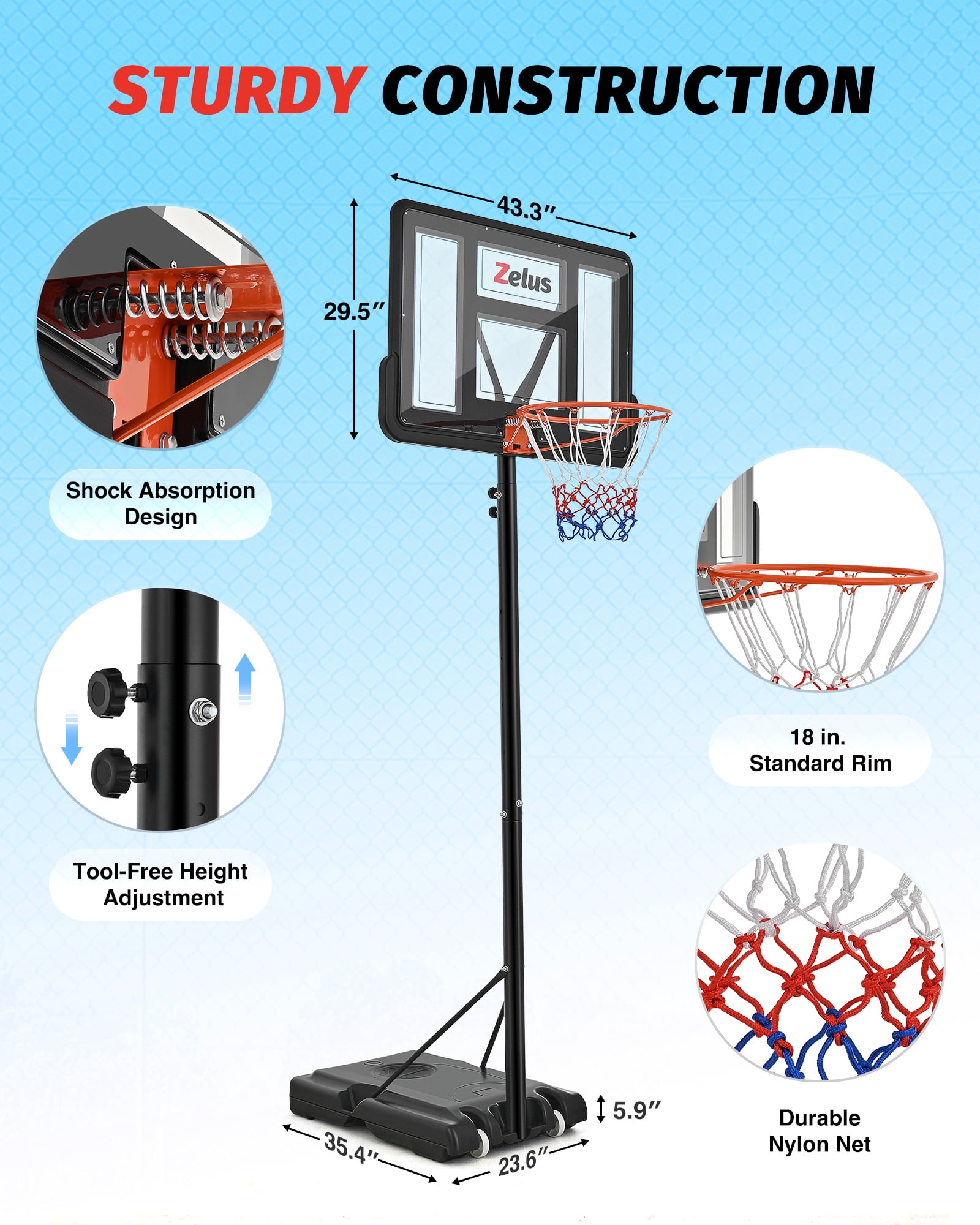 Zelus 4.4ft-10ft Adjustable Height 43.3"x29.5" Longevity Outdoor Portable Basketball Systems (Adult)