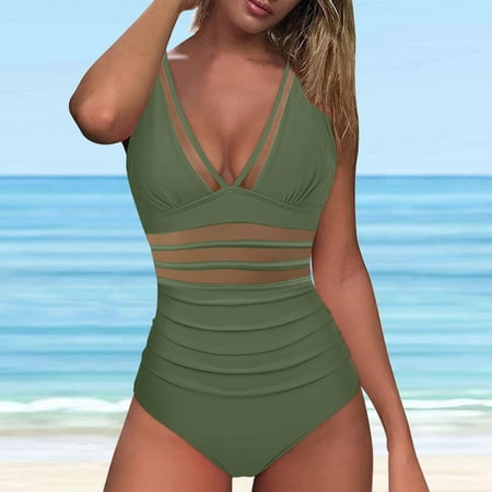 Summer Savings  Women s Solid Set Swimsuit  Sleeveless Push-Up Padded  Beachwear  Solid Color  for Pool/Sunbathing  Supportive Bra  Quick-Dry Material  One Piece Bathing Suit | Green XXL  Sopatenor