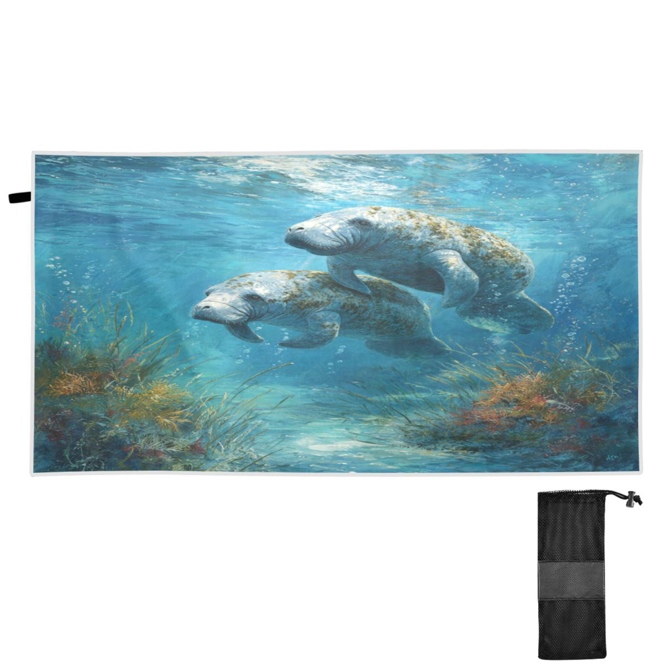 Qxltty Cute Manatee Beach Towel Sand Free Bath Towel Absorbent Quick Dry Soft Lightweight Blanket for Travel Gym Camping 71x31in