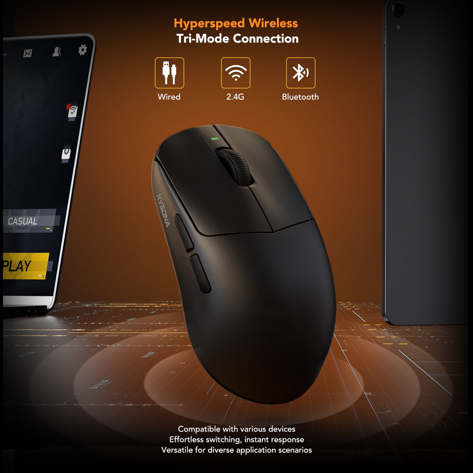Mercury Wireless Gaming Mouse，41g Ultalight, PAW3395 Sensor, 8K Polling Rate,26000 DPI,5 Programmable Buttons Optical Mice for PC/MAC/Laptop,Black