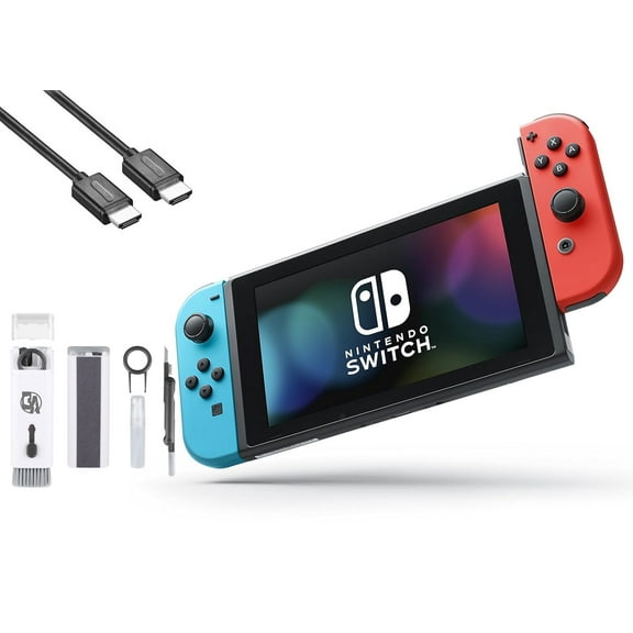 Pre-Owned Nintendo Switch - Neon Blue and Neon Red Joy-Con with HDMI Cable BOLT AXTION Cleaning Kit Bundle