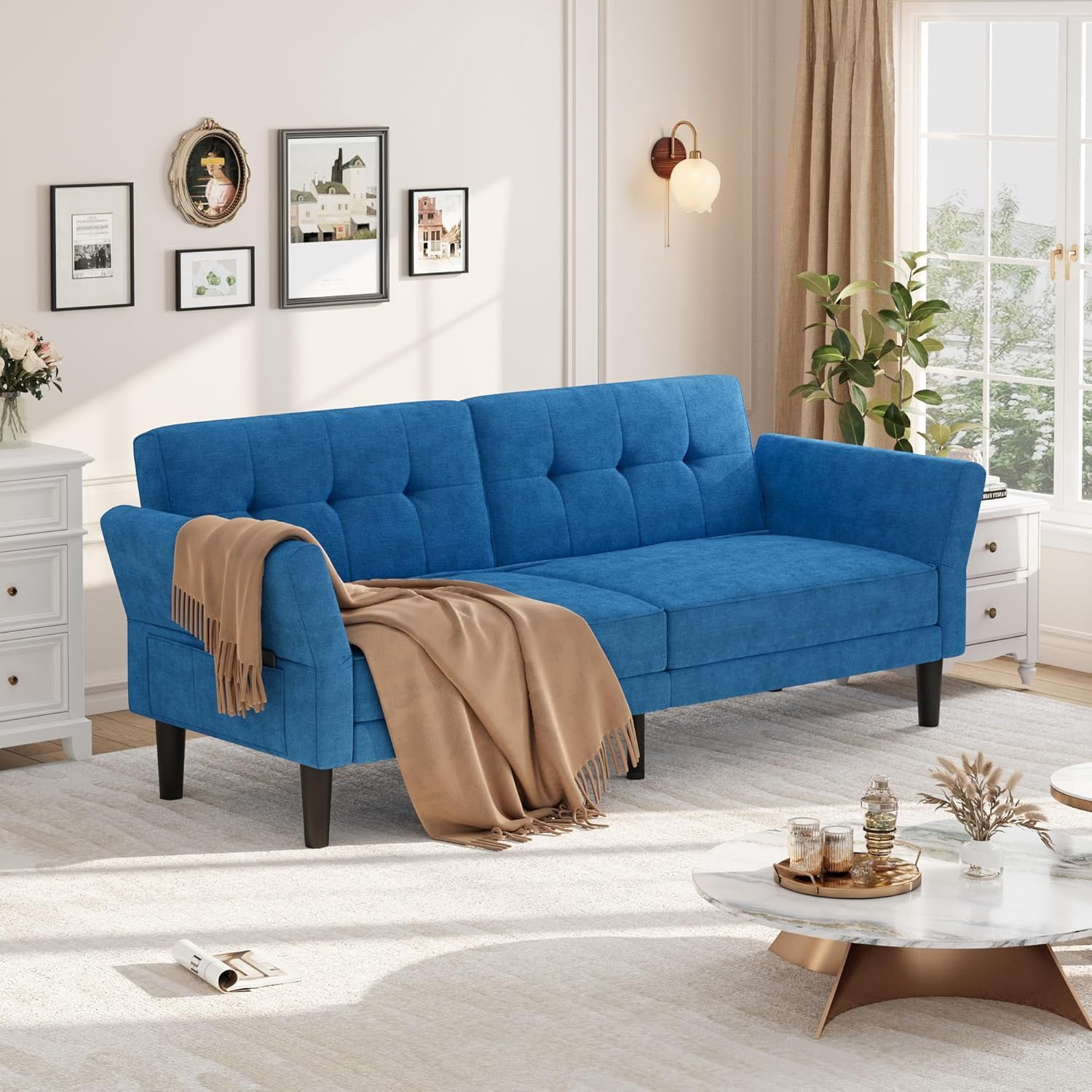 Luku 89" Convertible Futon Sofa Bed, Deep Seat Sleeper Couch with Adjustable Backrest & Armrests