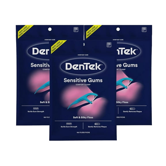DenTek Comfort Clean Sensitive Gums Floss Picks, Soft & Silky Ribbon, 150 Count, - 3 Pack
