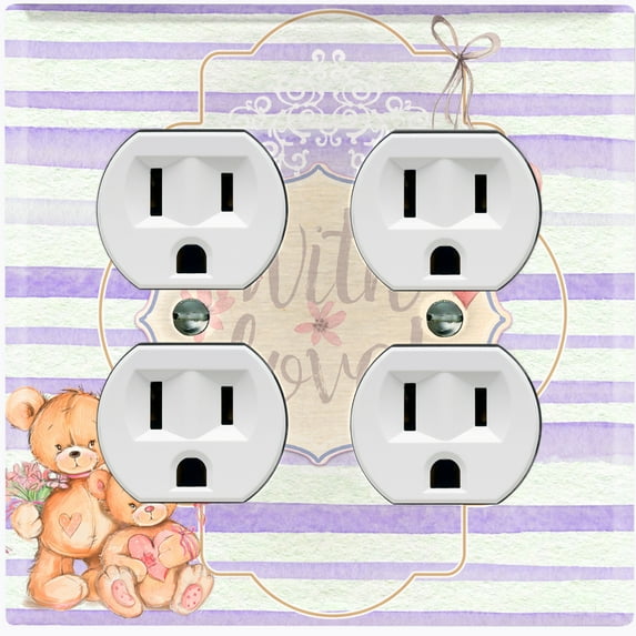 Metal Light Switch Wall Plate Outlet Cover (2 Teddy Bears With Love Heart Balloon Flower Purple Stripes - Double Duplex)