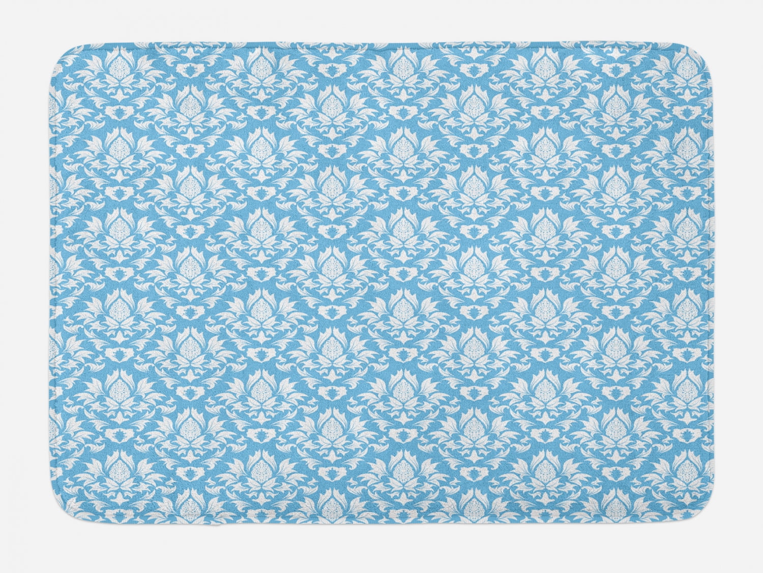 Damask Bath Mat, Natural Pattern in Blue and White Organic Garden