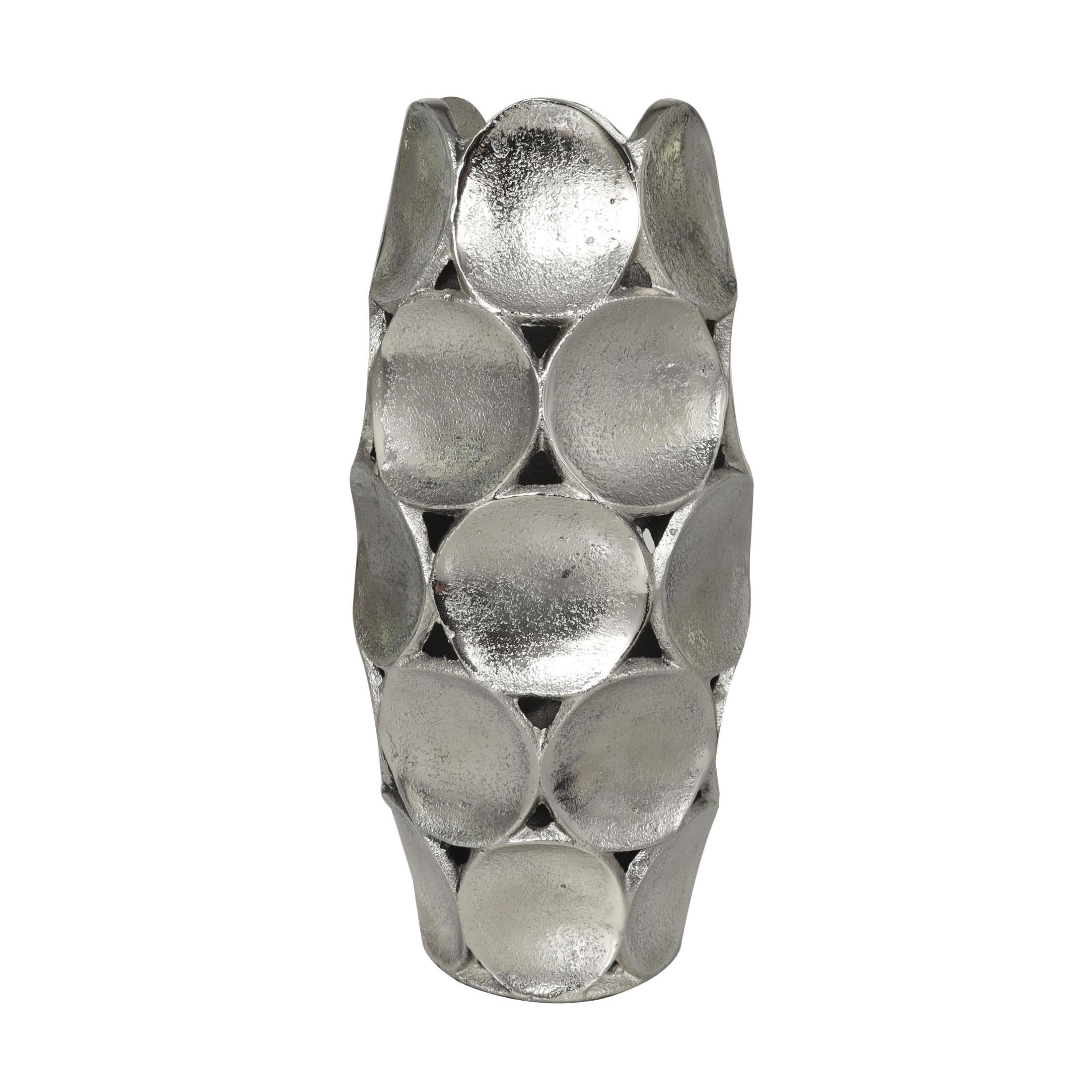 DecMode 13", 11"H Geometric Open Framed Silver Aluminum Metal Vase with Circular Plates, Set of 2