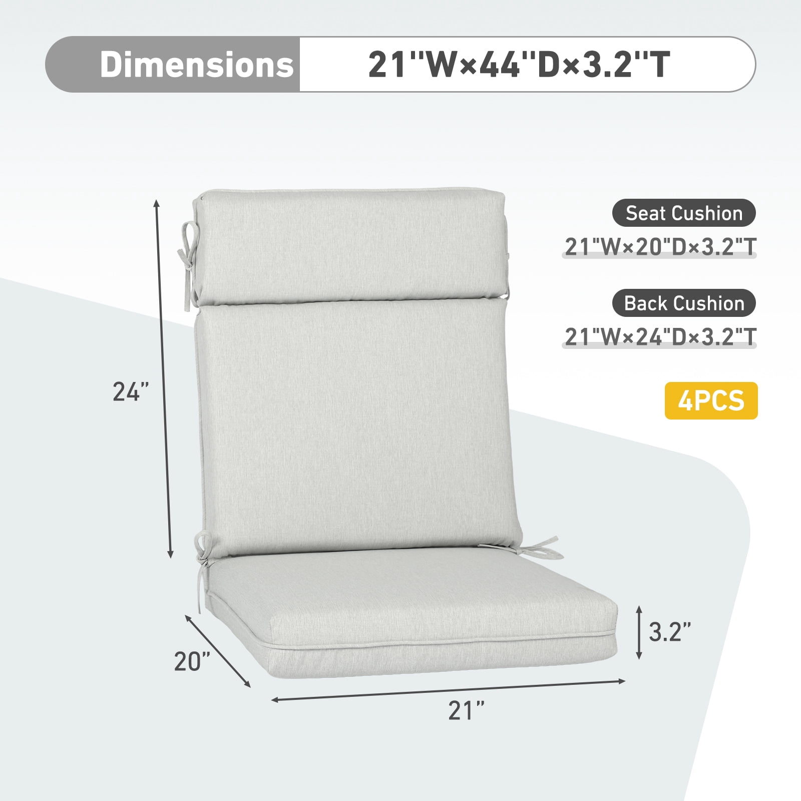 BPS Outdoor High Back Dining Chair Cushion Set, 44"x21"x3.2", TPU Water Repellent Coating&Stain Resistant, Polyester Fabric Cover with Ties and Zipper, Light Gray, Set of 4