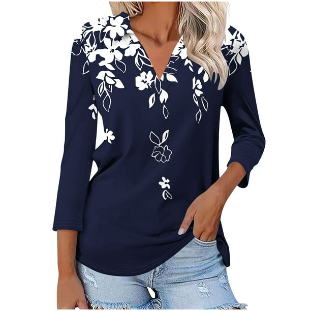 Camiseta de Solapa de Cuello en V de la Manga Superior de 3/4 de las Mujeres, Uso Diario Cómodo Casual