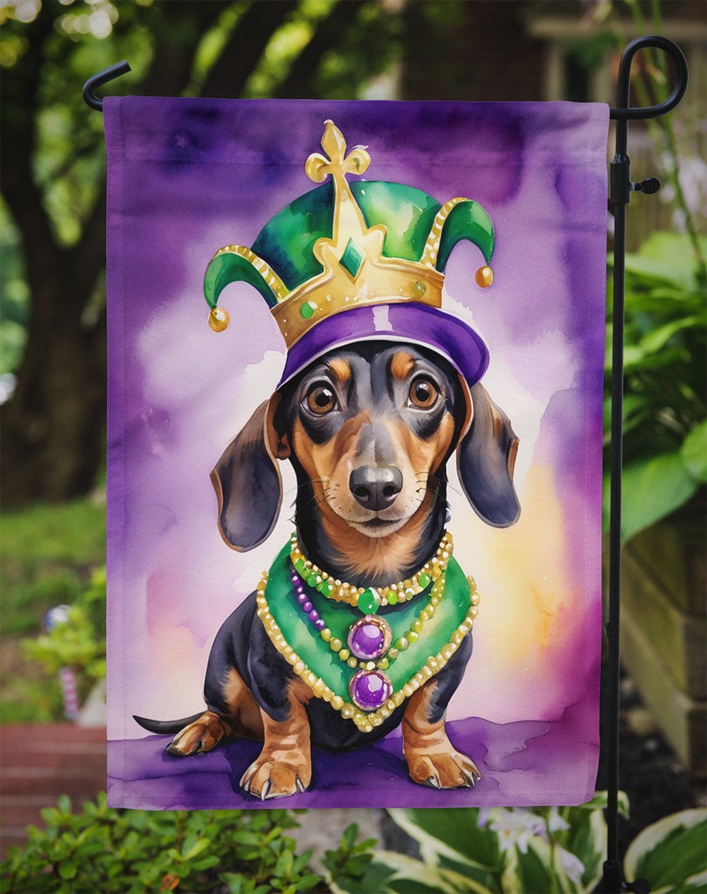 Dachshund King of Mardi Gras Garden Flag 11.25 in x 15.5 in