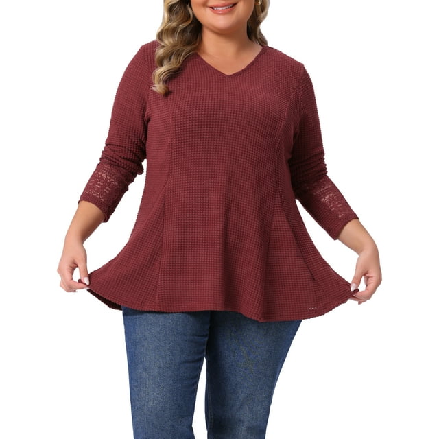 Blusa de mujer de talla grande Agnes Orinda, con encaje, malla, parcheo, de manga larga, textura, escote en V, fluida y casual, de waffle, 3X color marrón rojo
