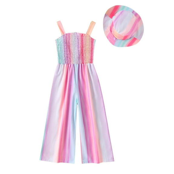 ZACPNCV Overalls for Girls Summer Sleeveless Jumpsuits Boho Wide Leg Pants Casual Solid Rompers Beach Outfits with Hats Purple 6-7 Years