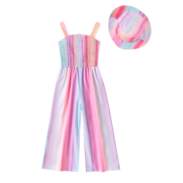 Combinaison Longue d'Été Imprimée Décontractée pour Enfants, Ceinture Ajustable, Mélange Doux de Polyester-Spandex, Sans Manches Col Rond, avec Chapeau Assorti, Respirante pour Sorties à la Plage