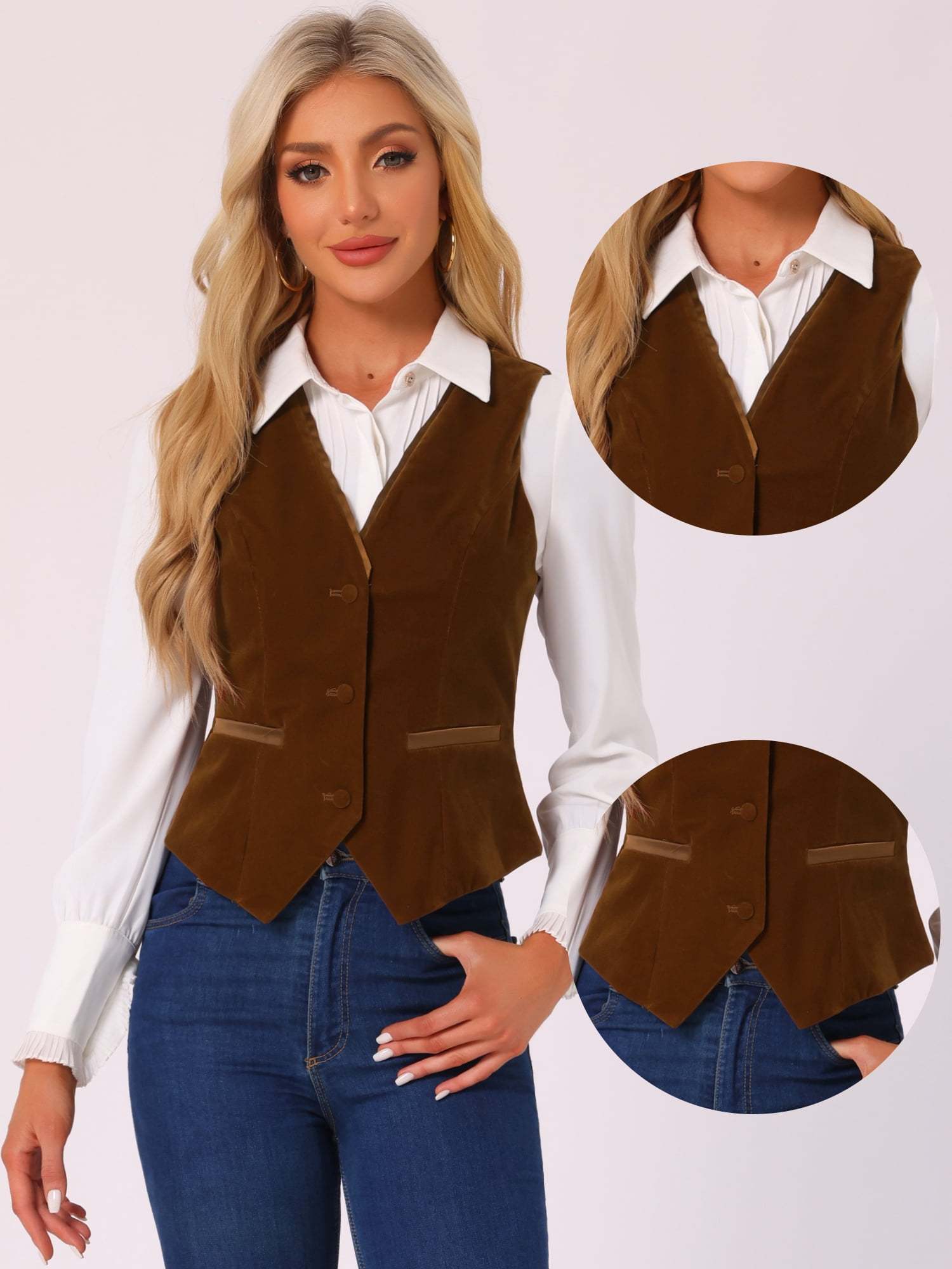 DARING DIVA Women's V Neck Retro Velvet Racerback Steampunk Vest S Brown