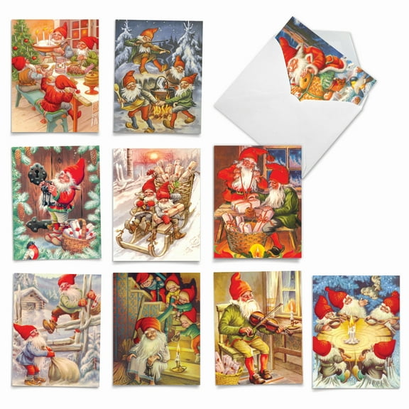 10 Assorted Merry Christmas Note Cards with Envelopes (4 x 5.12 Inch) - Gnome for the Holidays