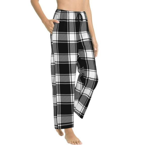 Pajama Pants Women - Buffalo check plaid white black Soft Breathable Sleep & Lounge Pants for Women, Comfy Casual Pj Pants Bottoms with Pockets