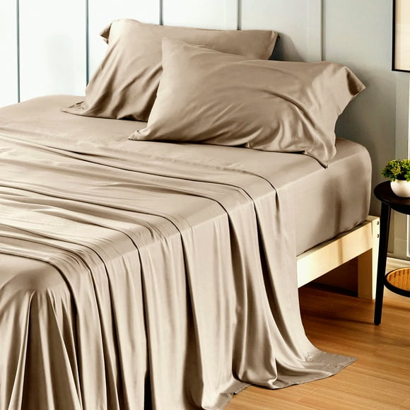 Ensemble de Draps Grand Rafraîchissant en Bambou - Literie Douce et Respirante avec Poches Profondes - Taies d'Oreiller Taupe de Luxe Hôtel - Taille Grand jusqu'à 16 Pouces