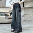 thumbnail image 6 of Duqingm Girls Jeans Wide Leg High Waisted Trendy Side Studded Embellished Distressed Stretchy Denim Pants Outwear Dailywear (Blue,4-5 Years), 6 of 7
