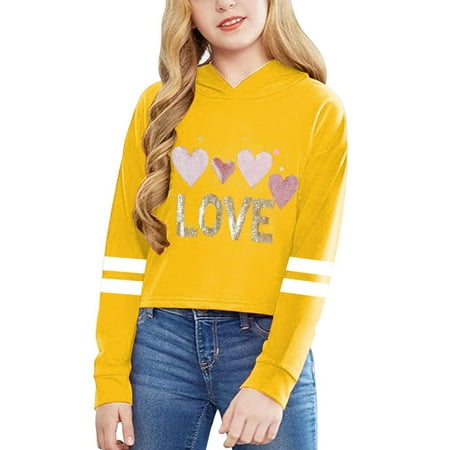 HNMKIU Hoodies for Teen Girls Long Sleeve Letters and Love Heart Print Short Cropped Pullover Girls Tops Z02_Yellow 140