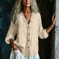 thumbnail image 6 of Nmnitkp Long Sleeve Shirts for Women Cotton Linen Button Down Shirt Stand V Neck Roll Up Long Sleeve Loose Fit Casual Blouse for Fall Work Daily Loungewear Beige,S, 6 of 7