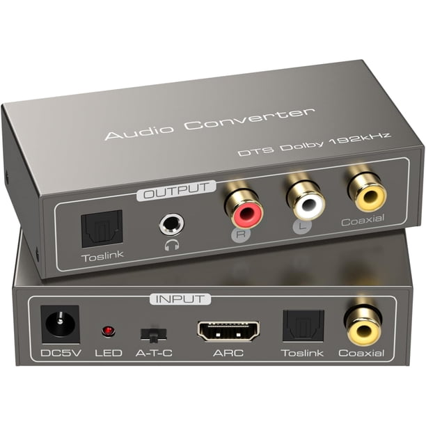 Convertidor de Audio HDMI ARC a RCA 3 en 1 Convertidor de Audio Digital a Analógico con Entrada Óptica Coaxial ARC Toslink Coaxial RCA Salida Auxiliar Soporte Dolby DTS LPCM para Barra de Sonido de T