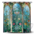 thumbnail image 3 of Cute Stained Glass Shower Curtain, Boho Vintage Floral Teal Fabric Shower Curtains Set for Women Girls Bathroom Decorative, Pretty Flowers Restroom Decor Accessories with Hooks 72X72 Inch, 3 of 7