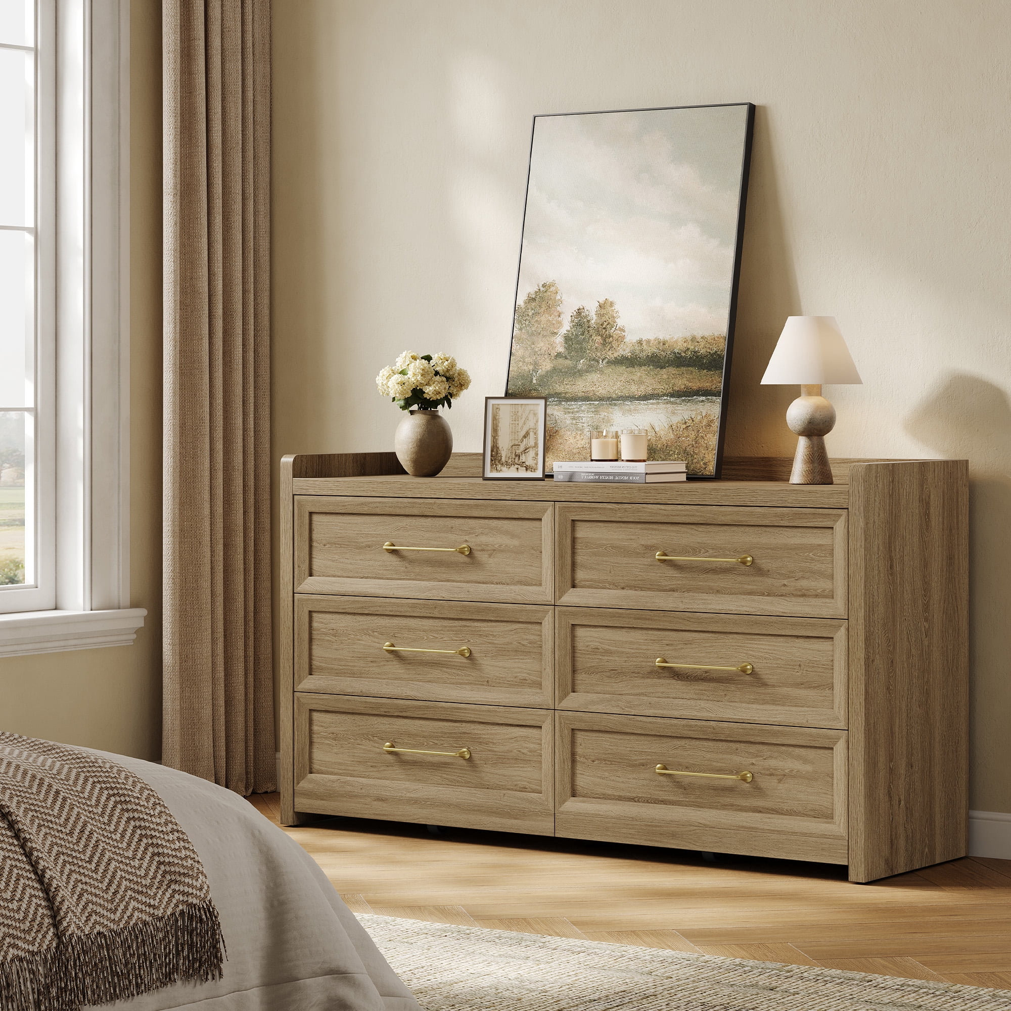 SICOTAS 56.4"W Farmhouse 6 Drawer Double Dresser, Long Chest of Drawers with Brass-tone Handles & Rolling Wheels, Wooden Dresser Storage Cabinet for Bedroom Living Room, Brown Oak