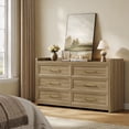 thumbnail image 6 of SICOTAS 56.4"W Farmhouse 6 Drawer Double Dresser, Long Chest of Drawers with Brass-tone Handles & Rolling Wheels, Wooden Dresser Storage Cabinet for Bedroom Living Room, Brown Oak, 6 of 9