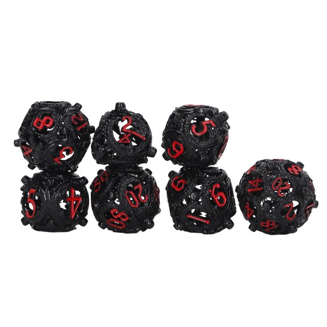 Juego de 7 dados huecos de cobre, portátiles, balanceados, rodantes, de metal grabado, poliédricos para juegos de mesa, color negro y rojo.