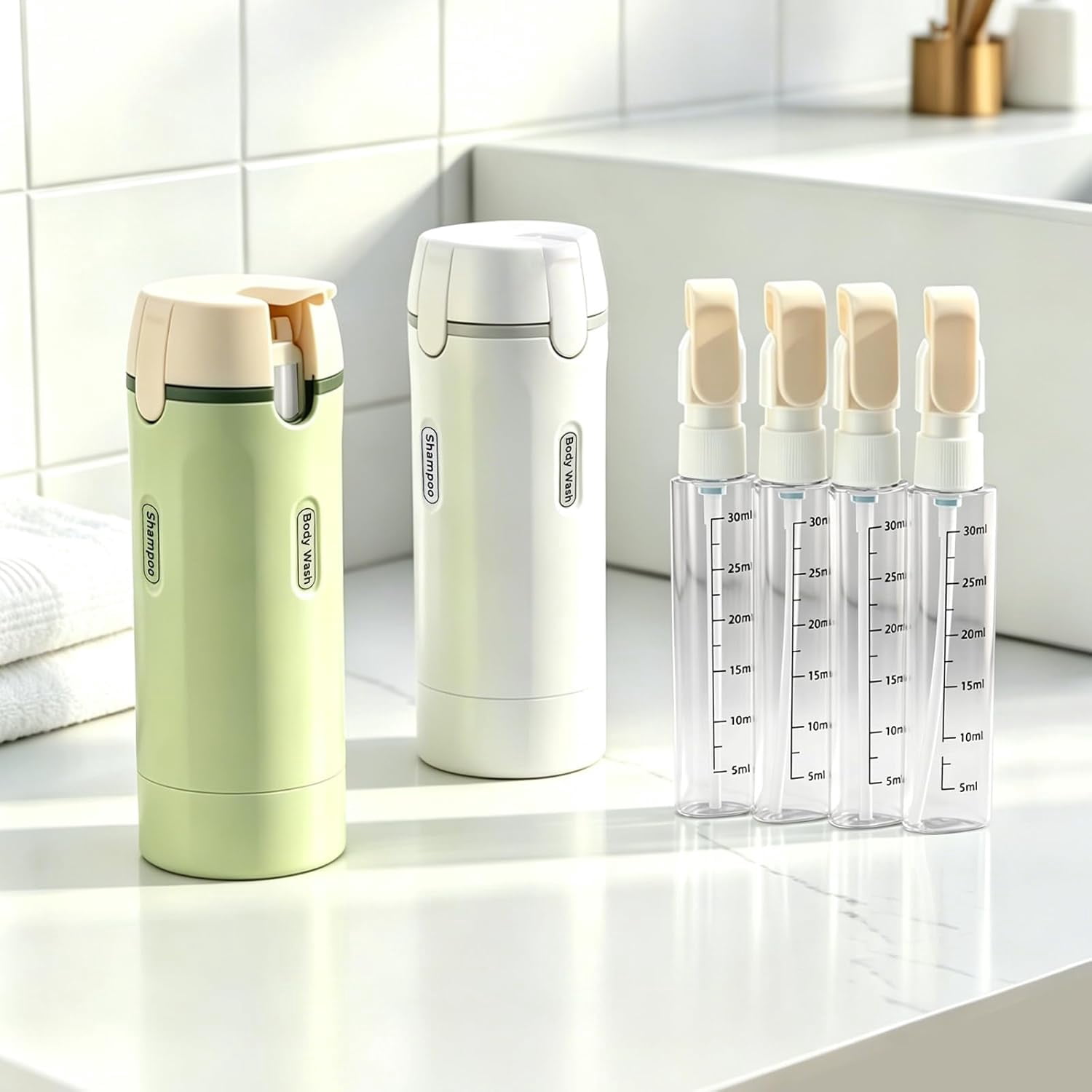 4 in 1 Travel Dispenser Bottle Leakproof Refillable Travel Bottles for Toiletries Portable Size Containers for Shampoo Lotion Cosmetics Travel Essentials for Women Men (Green)