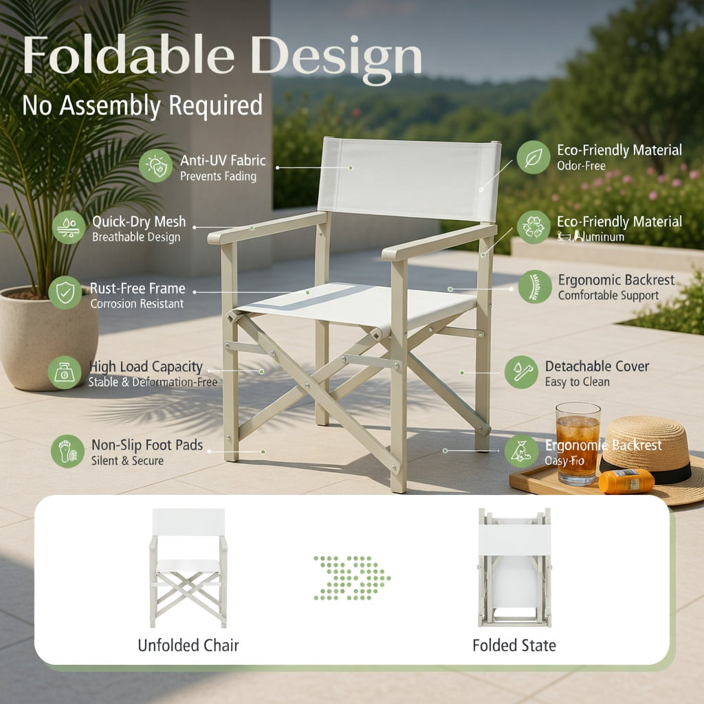 Hommoo Folding Director Chair, Off-White Oxford Fabric & Solid Acacia Wood Frame, Lightweight Outdoor Patio Chair with Machine-Washable Seat, Beige