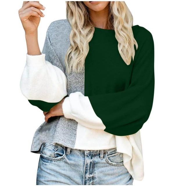 Rbaofujie Chandails Mignons pour Femmes Mode Ample Couleurs Unies Chandail Manches Longues Col Rond Chandail Haut Vert Chandails à Capuche pour Femmes Tendance