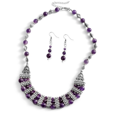 Amethyst Quartz Jewelry Set - One Tme Only Amethyst Silvertone and Stainless Steel Earrings and Bib Necklace Set Size 18-20