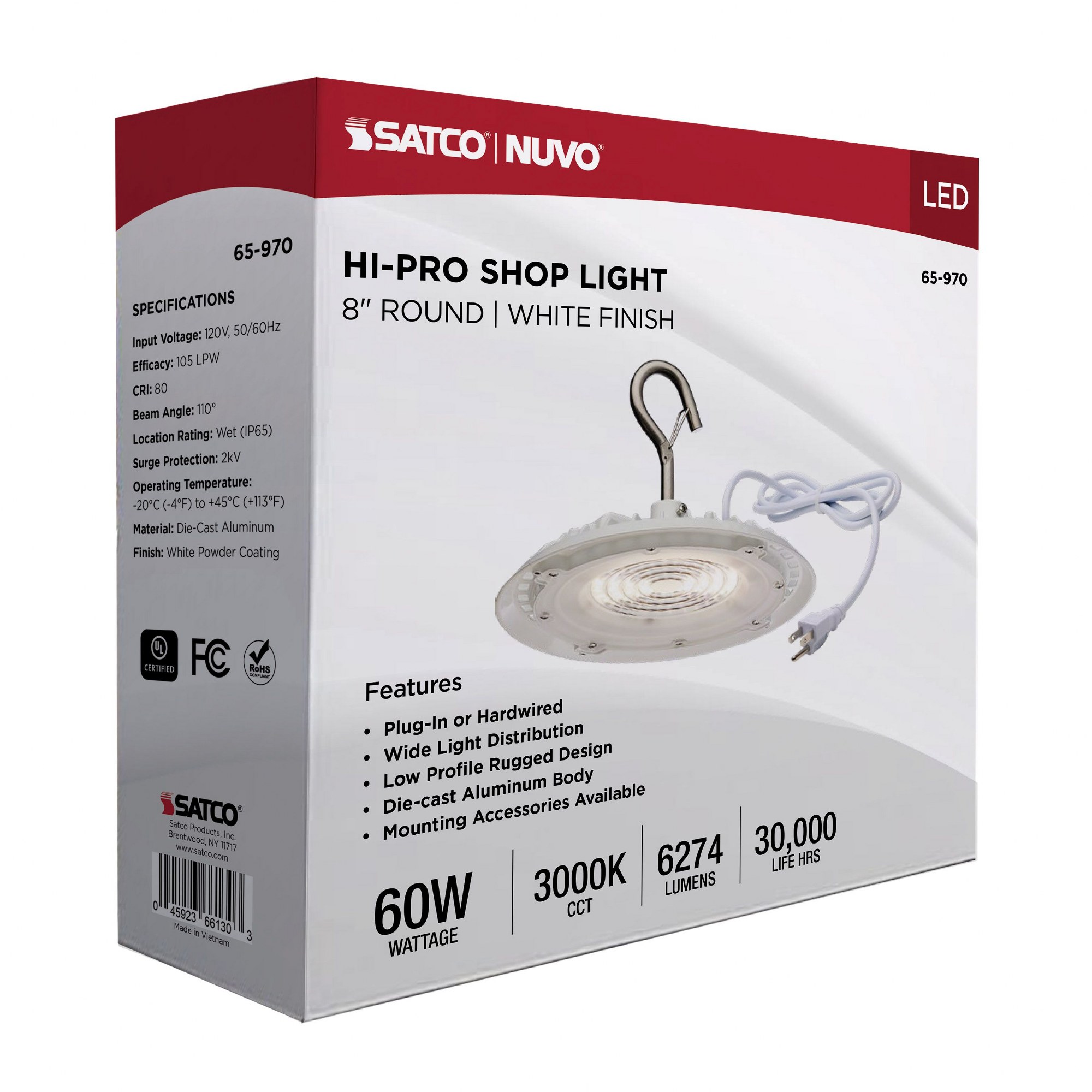 Nuvo Lighting 60 Watt Hi-Pro Shop Light with Plug 8" Dia. 3000K White Finish 120 Volt