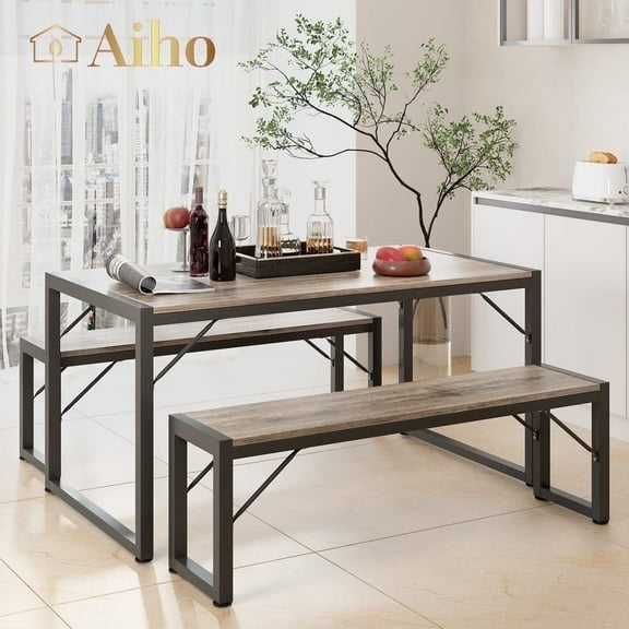 Aiho 45.5" Dining Table Set for 4, Kitchen Table with 2 Benches, Wood Dining Room Dinette Sets with Metal Frame for Breakfast Nook and Small Space - Gray