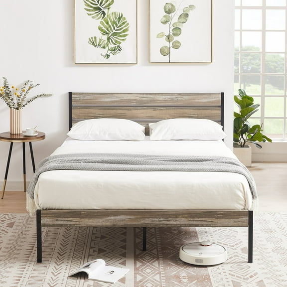 VECELO Queen Size Metal Platform Bed with Wooden Headboard, Rustic Country Style Bed Frame and Strong Metal Slats, Light Brown