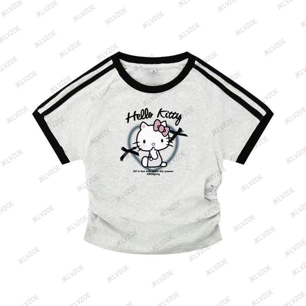 MINISO Sanrio-camisetas de manga corta Kawaii para niños y adultos, Camiseta de algodón con estampado de dibujos animados de Anime, cuello redondo informal